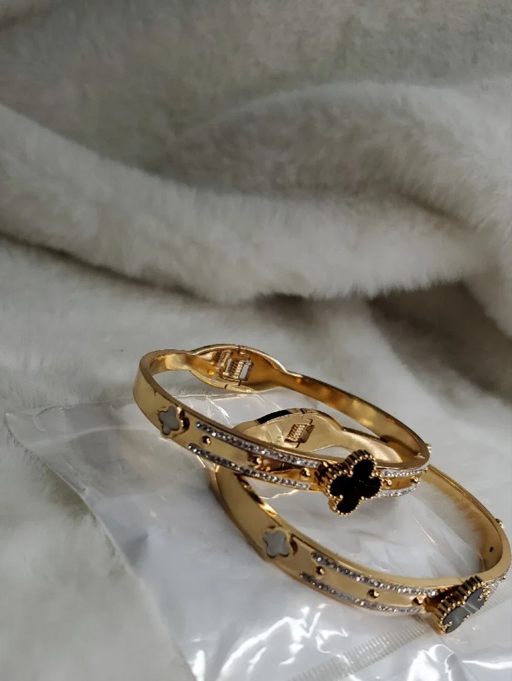2 Gold Plated Women's Bangle Bracelet with Black Clover Accent